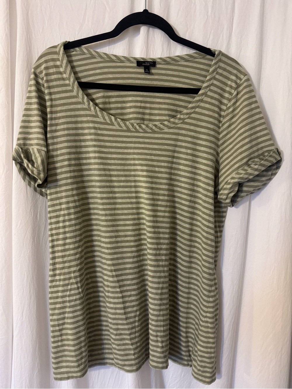 Talbots, Olive Stripe Scoop Neck Tee, Size XL Rolled Sleeves.